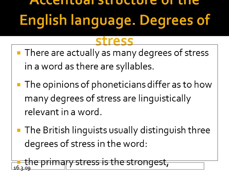 16.3.09 Accentual structure of the English language. Degrees of stress There are actually as